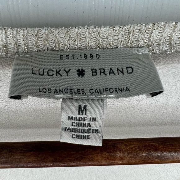 Lucky Brand Women's Cream Metallic Mixed Media Crochet V-Neck‎ Sweater Medium - Picture 3 of 10